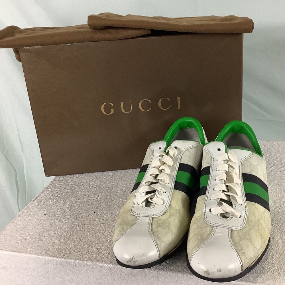 Gucci GG‎ Monogram Web Stripe Sneakers White Green Leather Croc Trim Womens 38.5